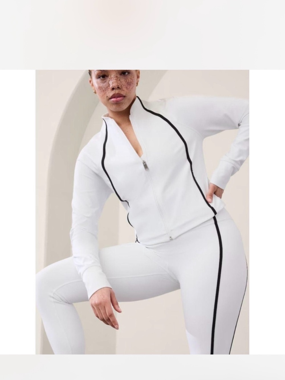 Athleta White Ribbed Leggings with Black Contrast Piping